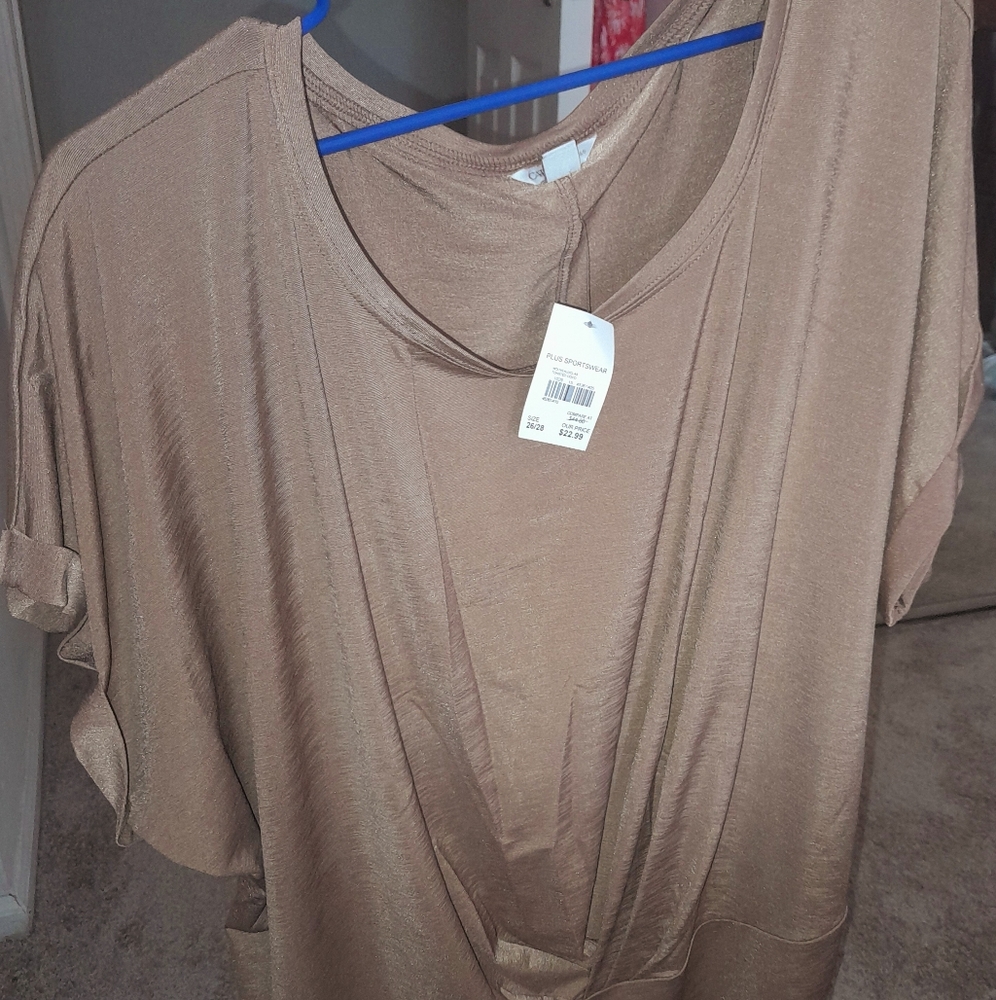 WOMENS 3X PLUS SIZE BRONZE COLORED SHORT SLEEVE BLOUSE 6" GATHER ACROSS WAIST